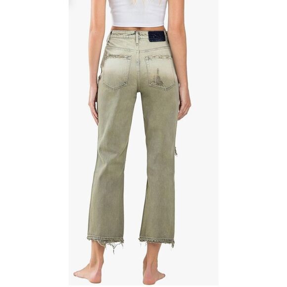 VERVET, Super High Rise Criss Cross Waistband Crop Straight Jeans, Olive new siz - Picture 2 of 11
